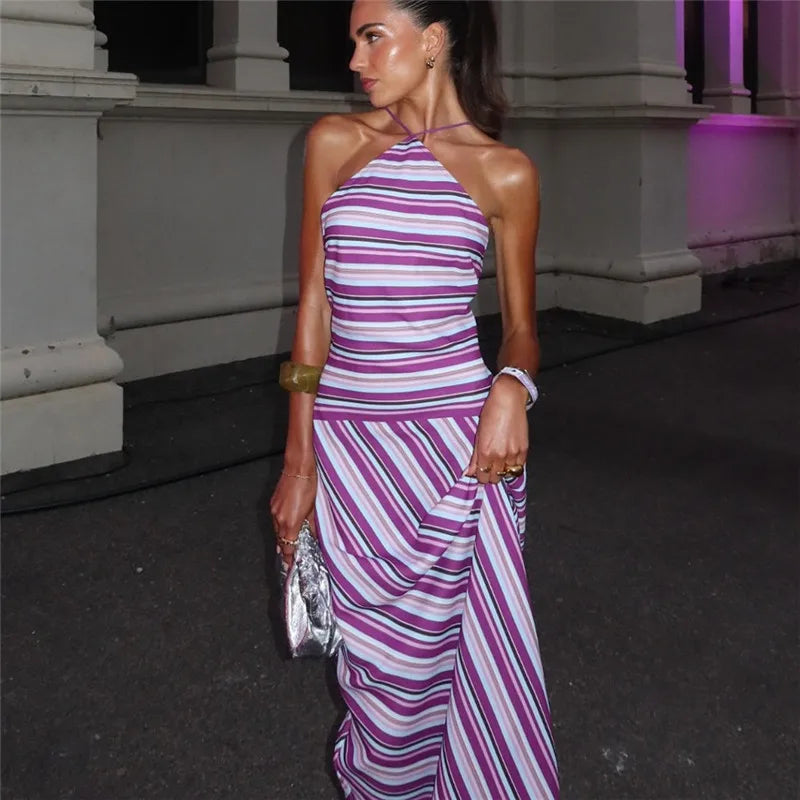 Elegant Y2K Striped Halter Neck Maxi Dress Summer Backless Tie-Up Cross Strap Sleeveless A-Line Sundress for Women