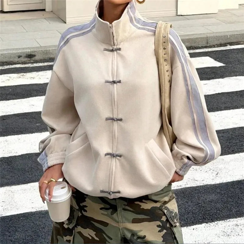 Women Chinese Frog Button Stripe Sleeve Stand Collar Oversized Suede Jacket Loose Zip Up Street Casual Track Outerwear