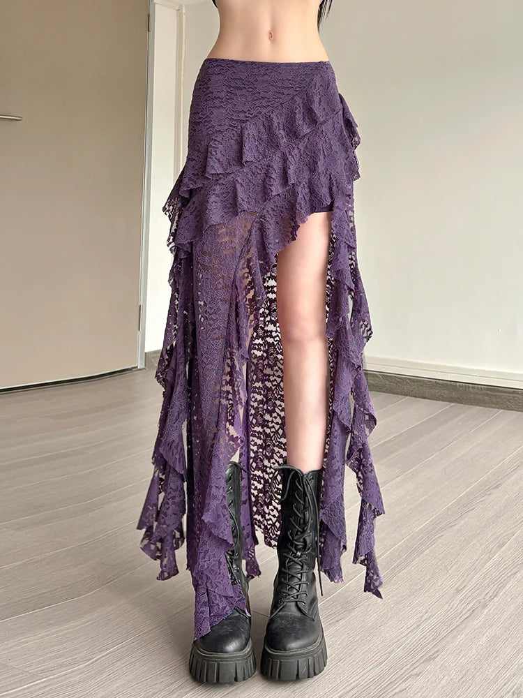 Tassels Women Skirts Chic Irregular Hem Multi-Layered Ruffles Lace Patchwork Summer Trend Skinny Versatile Bottoms