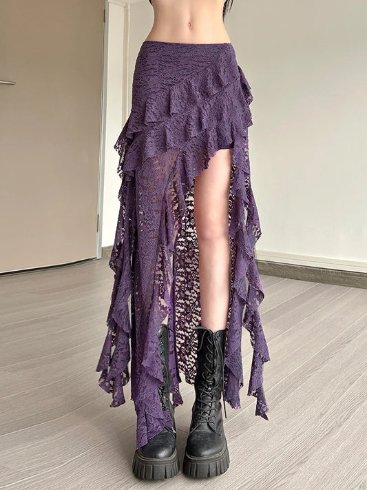 Tassels Women Skirts Chic Irregular Hem Multi-Layered Ruffles Lace Patchwork Summer Trend Skinny Versatile Bottoms