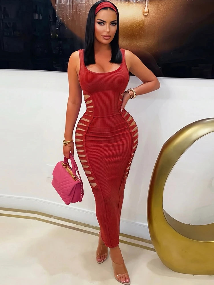 Fashion Hollow Dress Women Trend Elegant Patchwork Backless Sleeveless Stretch Sexy Evening Party Club Long Bodycon