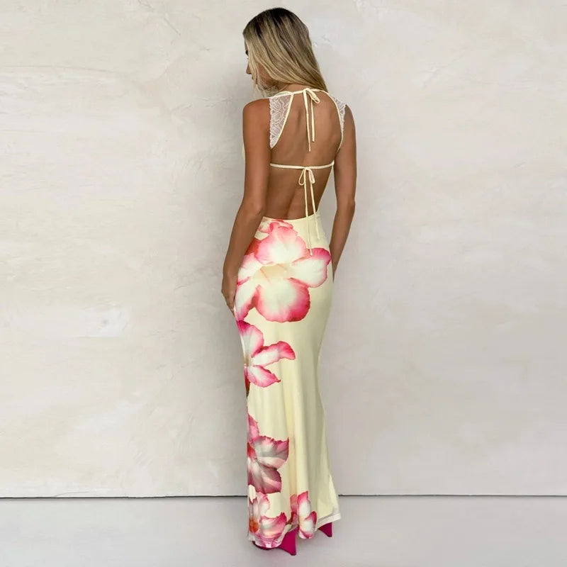 Flower Print Lace Trim Sleeveless Backless Maxi Dress 2025 Woman Elegant Party Dresses for Wedding Guest