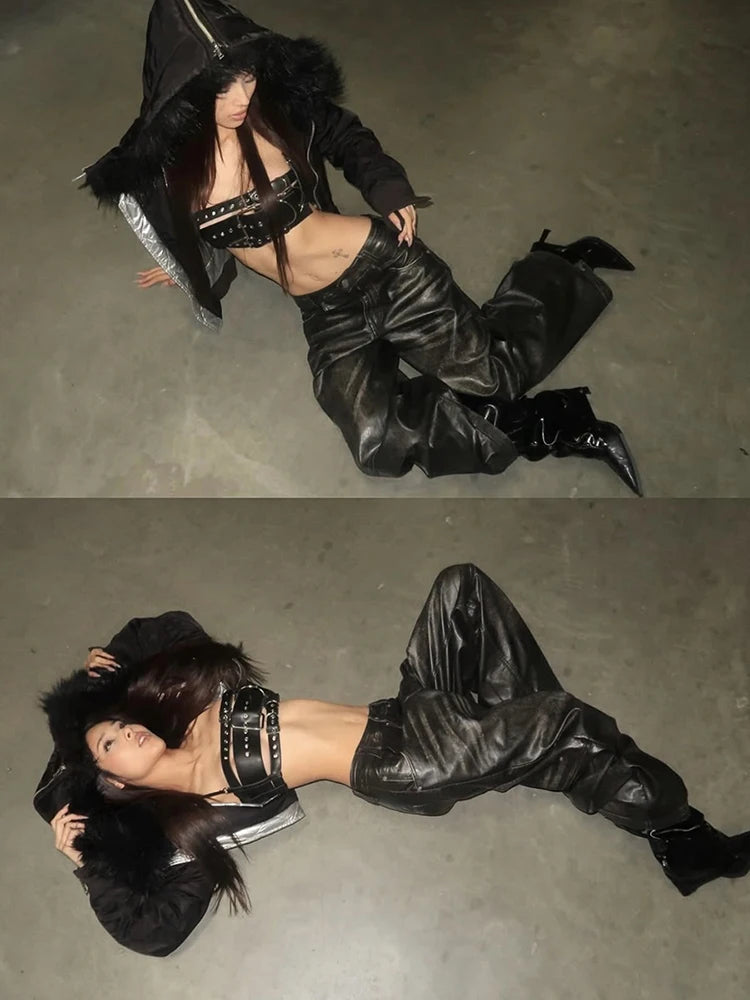 Sexy PU Leather Tank Top Women Hollow Metal Buckle Sleeveless Coquette Midnight Party Clubwear Hottie Punk Style Vest