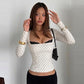 Fitted White Polka Dot Fall T Shirts Woman Clothing Lace Trim Square Neck Long Sleeve Top