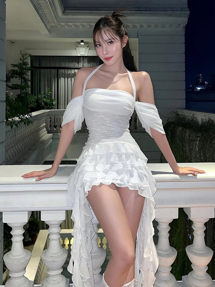 Sexy Tassel Dress Women One Shoulder Tierred Ruffles Irregular Skinny Backless Summer Trend Sweet Skinny Mini Bodycon