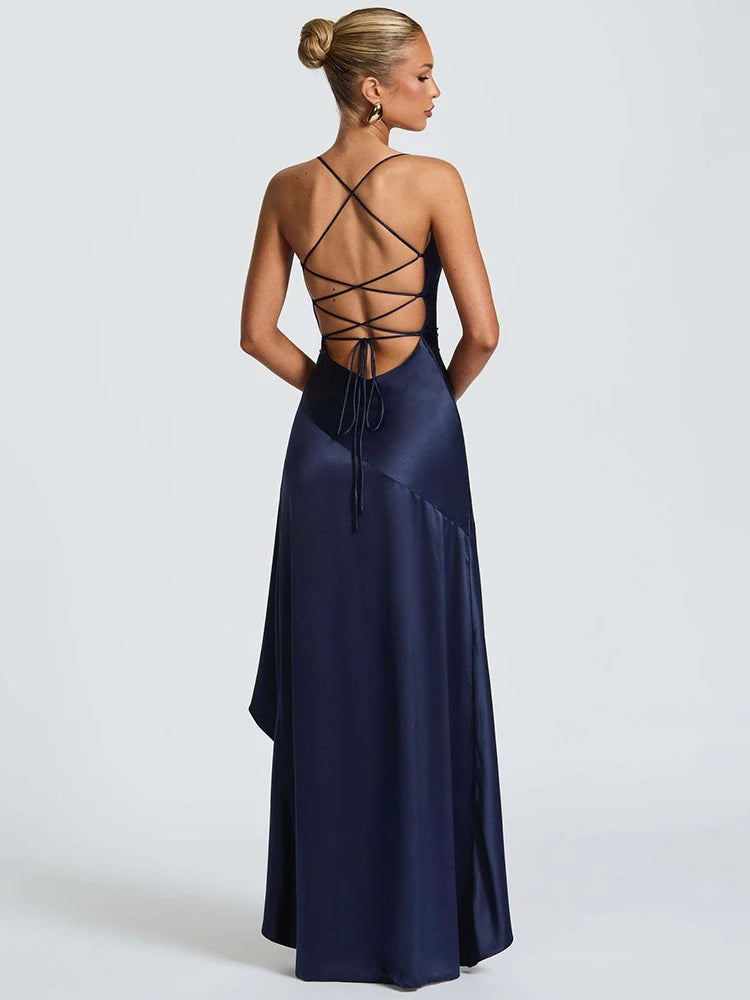 Satin Spaghetti Strap Ruffle Sexy Maxi Dress Women Off-shoulder Sleeveless Backless Thigh High Split Club Party Dress
