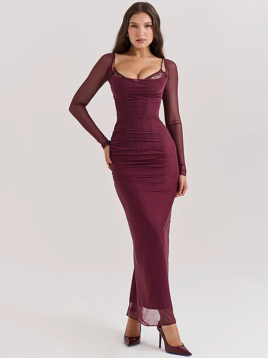 Elegant Sheer Long Sleeve Sexy Maxi Dress For Women Fashion Mesh Strapless Backless Club Party Sexy Long Dress 2024