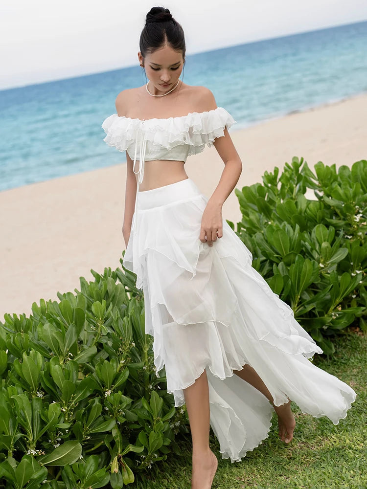 Elegant 2Piece Set Women Tierred Patchwork Bandage One Shoulder Tops+Irregular Hem Ruffles Skirts Vacation Chic Suits