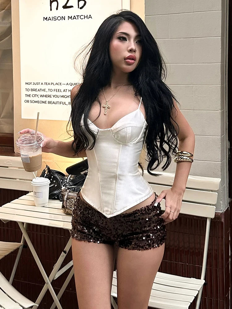 Sexy Coquette 2 Piece Set Women Fashion Silky Patchwork V-Neck Camisole +Sequins Shorts Matching Hottie Street Suits