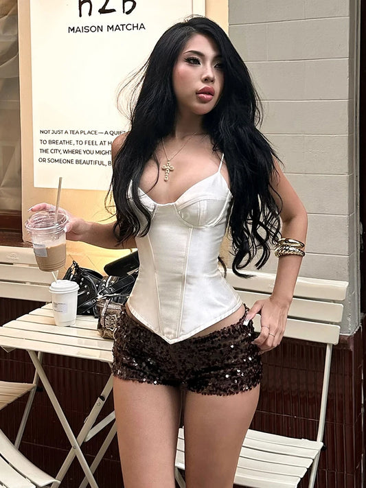 Sexy Coquette 2 Piece Set Women Fashion Silky Patchwork V-Neck Camisole +Sequins Shorts Matching Hottie Street Suits