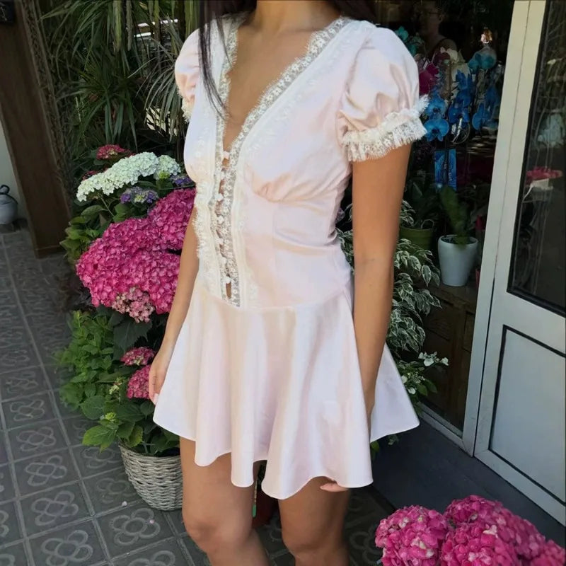 Light Pink Lace Trim Satin Summer Dresses 2026 V Neck Bubble Sleeve Mini Dress Woman Clothing