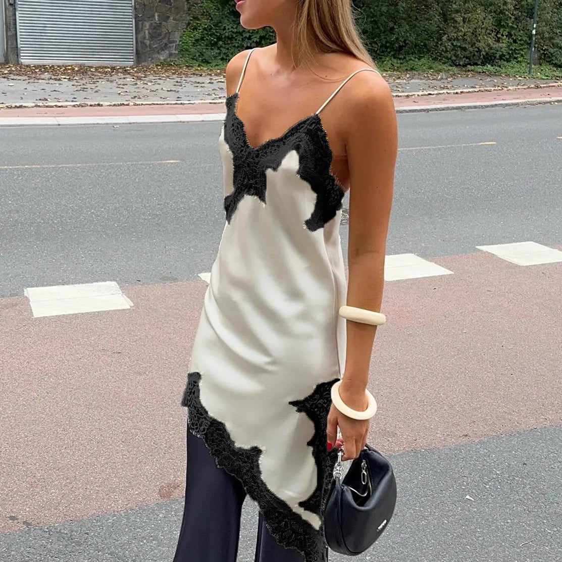 Women Y2K Lace Trim Satin High Low Tops Silk Spaghetti Strap Side Split Asymmetrical Cami Top Flowy Silky Layering Tops