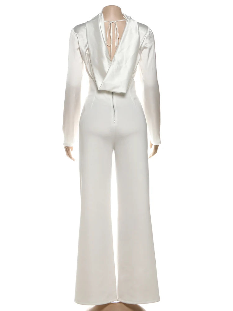 Smooth Office 2-Piece Set Women Satin Lace-Up Pile Collar T-shirt+Zip High Waist Straight Pants Commute Elegant Outfits