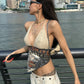 Fashion Knit Patchwork Vest Women Art Print v-Neck Halter Bandage Backless Hottie Midnight Music Festival Summer Clubwear
