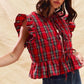 Christmas Party Red Tartan Quilted Vest Women Ruffle Flutter Sleeveless Back Tie Peplum Crop Gilet Holiday Waistcoat