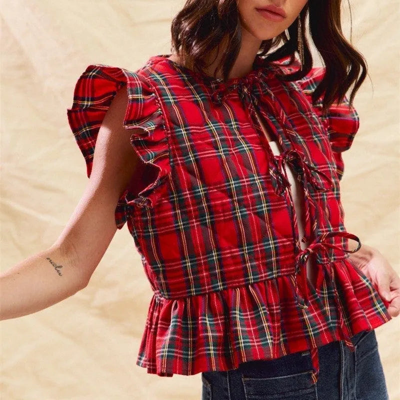 Christmas Party Red Tartan Quilted Vest Women Ruffle Flutter Sleeveless Back Tie Peplum Crop Gilet Holiday Waistcoat