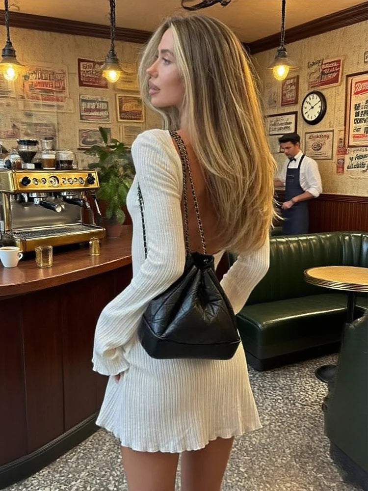Casual Backless Dress Women Thin Autumn O-Neck Flared Long Sleeve A-Line Stretch Basic Streetwear Elegant Bodycon