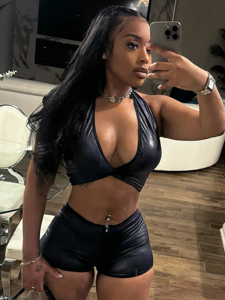 Faux Leather 2-Piece Set Women Halter v-Neck Knot Backless Vest+Simple Peach Butt Short Sexy Midnight Hottie Suit