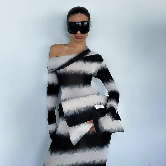 Black and White Striped Asymmetrical One Shoulder Long Sleeve Maxi Dress Fall 2024 Fashion Women Outfits