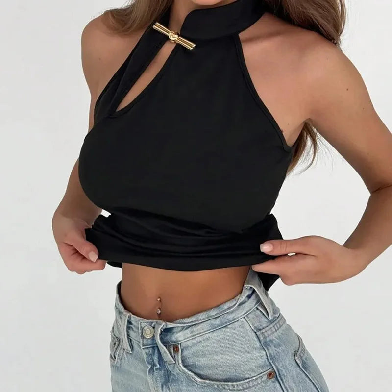 Woman Summer Tops 2025 Hardwear Detail Hollow Stand Collar Sleeveless T-shirt Black White Sexy Tank Top