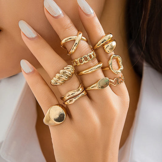 10Pcs/Set Creative Hollow Love Heart Snake Rings for Women Trendy Vintage Gold Color Open Finger Rings Wed Jewelry