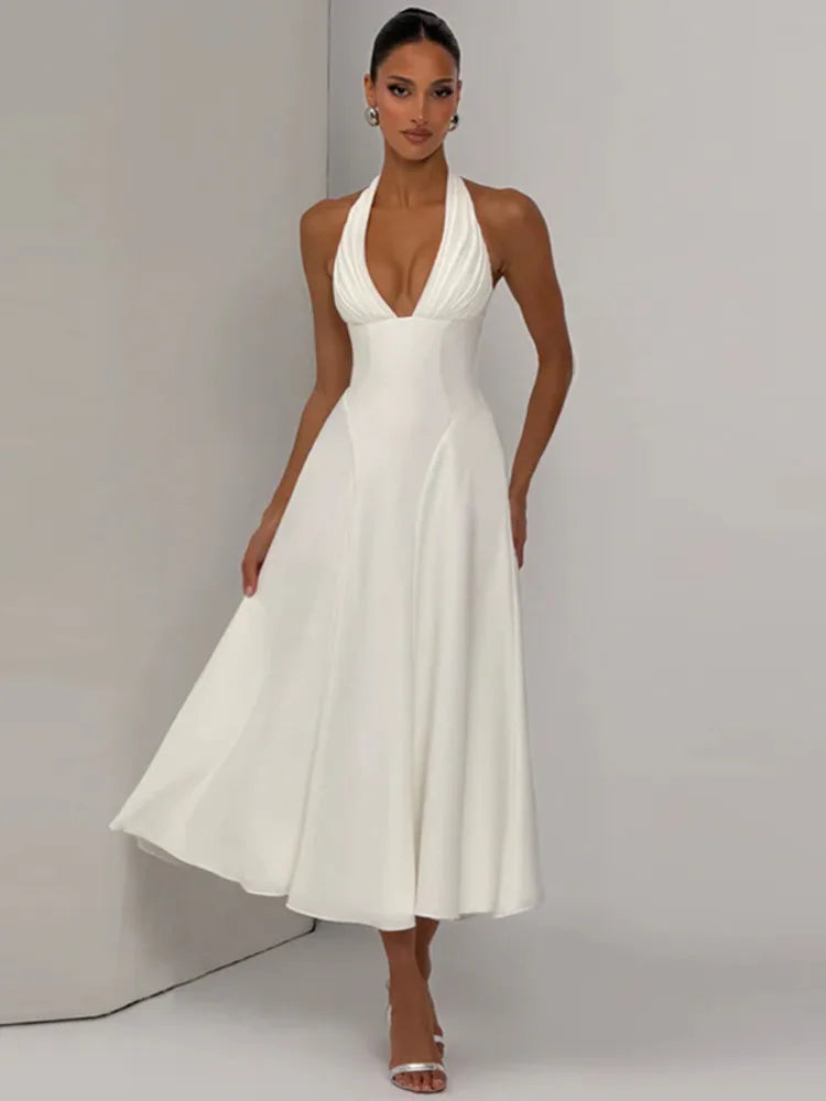 Women Halter Deep V Neck Sexy Midi Dress Pleated Bust Flared A‑Line Long Dress Elegant Evening Party Prom Dresses