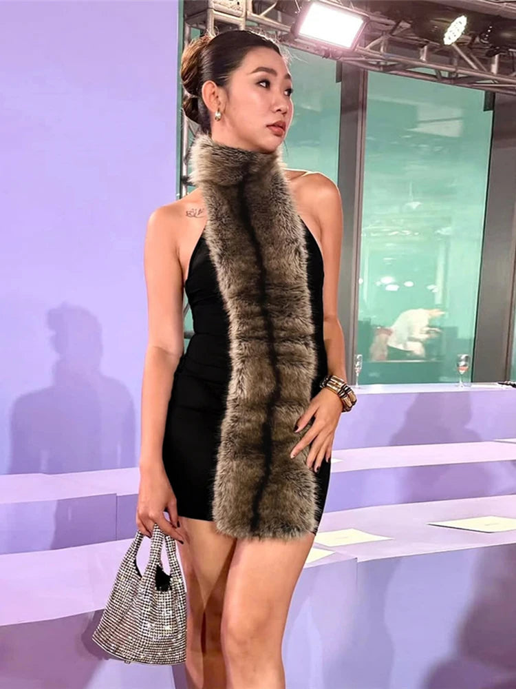 Fluff Patchwork Dress Women Halter Turtleneck Off Shoulder Backless Skinny Peach Hip Hottie High Street Style Bodycon