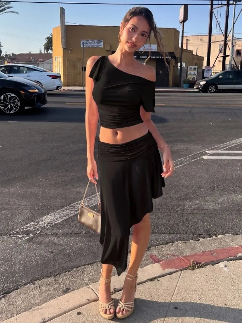 Pink 2 Piece Set Off Shoulder Top and Asymmetrical Midi Skirt Set Vacation Outfits Woman 2026