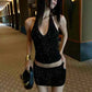 Sequin Hottie 2 Piece Women Sexy Trend Halter Backless Sleeveless Tank Top+Peach Hip Skirts Fashion Street Clubwear