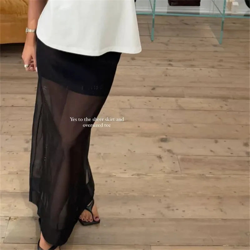 Women Minimalist Sheer Mesh Layering Midi Skirt Transparent See-Through Trimmed Hem Versatile Overlay Skirt CasualOffice