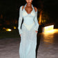 Lace Patchwork 2 Piece Set Woman Ruffles Edge Halter Backless Skinny Bodysuits+Low-Neck Full Sleeve Dress Sexy Suits