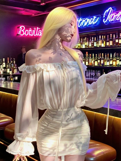 Sexy See Through Dress Women Slash Neck Drawstring Butterfly Sleeve Ruffles Ruched Skinny Peach Hip Clubwear Bodycon