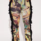 Side Tassel Flare Pants Women Patchwork Autumn Trend Colorful Print Sexy Wild Slim Street Skinny Clubwear Trousers