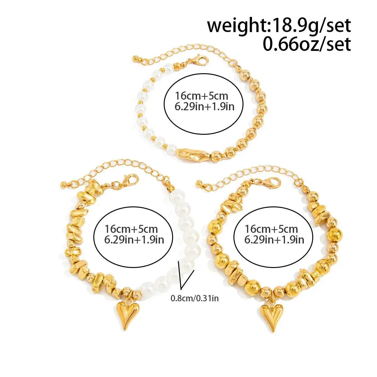 3Pcs/Set Bohemia Triangle Peach Heart Imitation Pearl Bracelets Women Trendy Elegant Bead Charm Bangles Y2K Jewelry ﻿ ﻿
