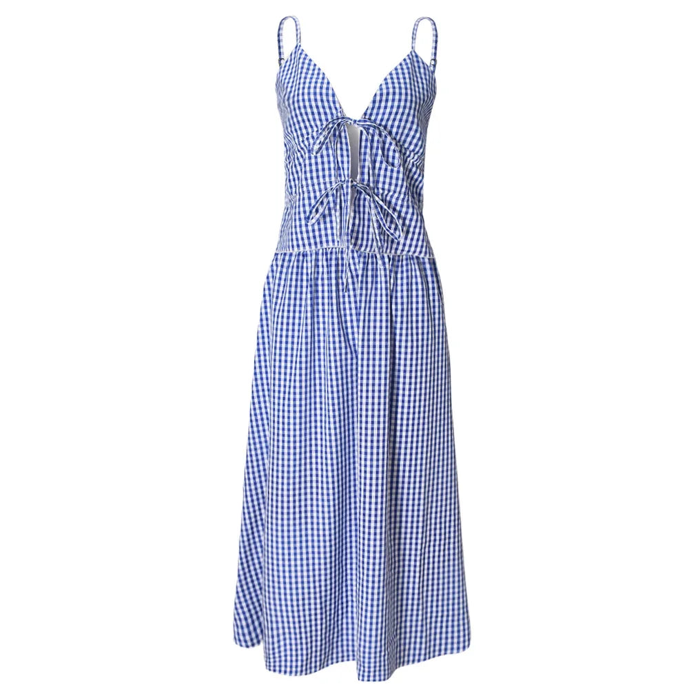 Blue and White Gingham Print Two Piece Set Woman Summer Outfits Vacation Crop Top and Long Skirt Skirts