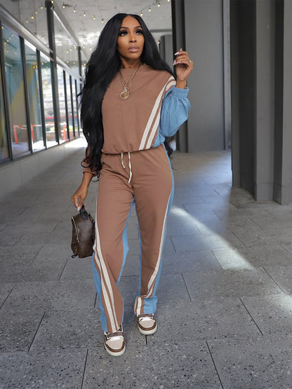 Autumn Trend 2 Piece Set Women Stripes Patchwork Full Sleeve Pullover+Drawstring Pants Casual Sporty Street Tracksuit