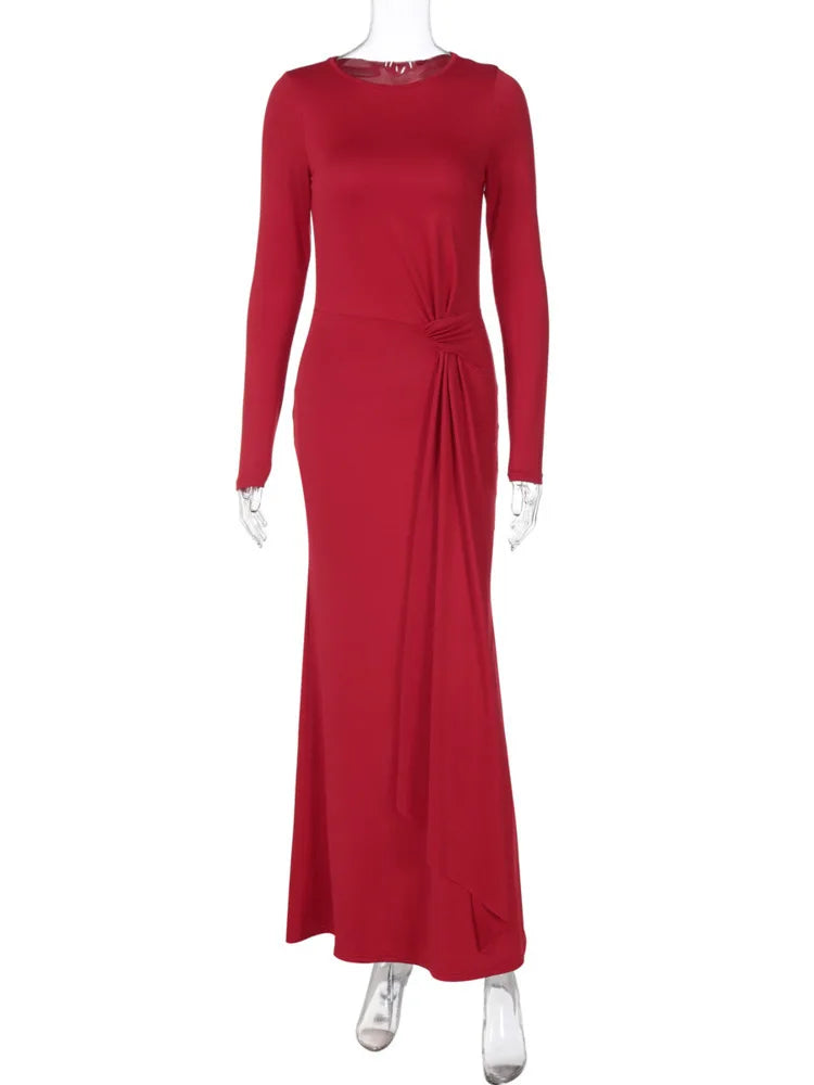 Autumn Long Sleeve Ruched Sexy Maxi Dress Women Fashion Solid O Neck Draped Bodycon Club Party Long Dresses Female