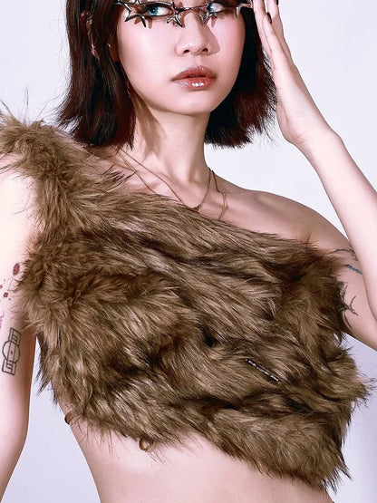 Off-Shoulder High Street Tank Tops Women Sexy Furry Coquette Simple Midnight Party Clubwear Hottie Wild Fashion Vests