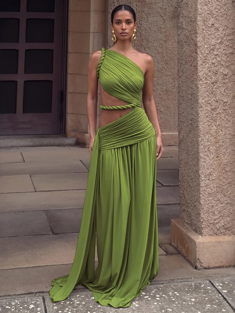 Sexy Rope Patchwork Dress Women Fashion Hollow Skew Collar Ruched Ribbon Sleeveless Elegant Vacation Party Bodycon