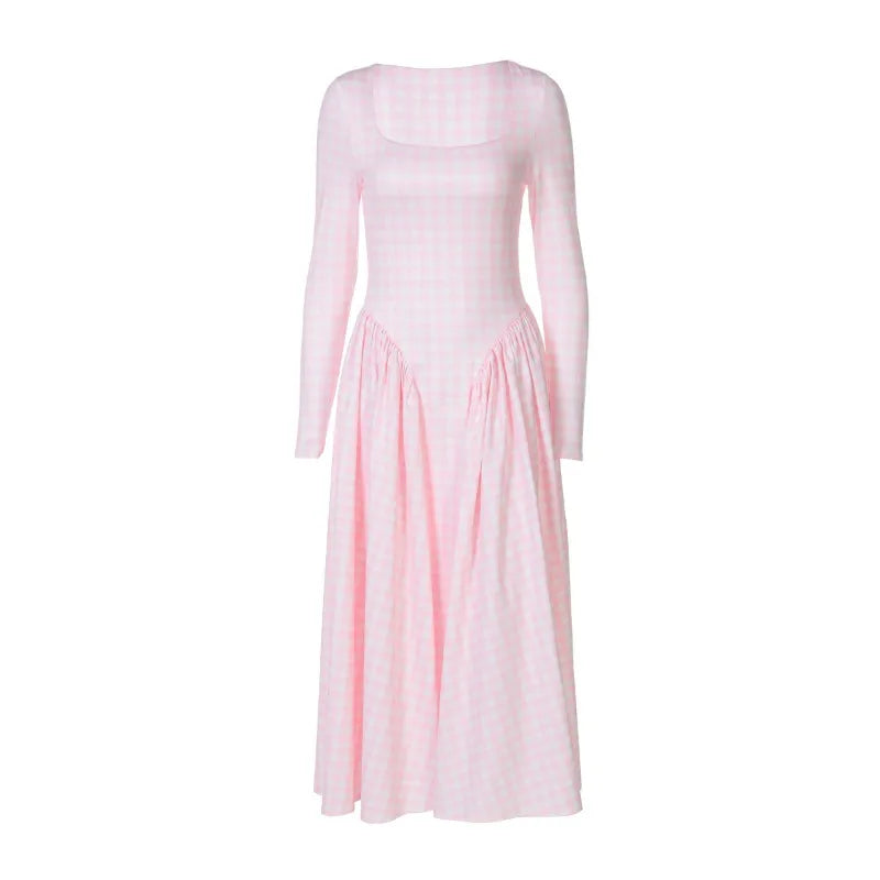 Plaid Pink Dresses for Woman Elegant Square Neck Long Sleeve Dress Autumn 2025