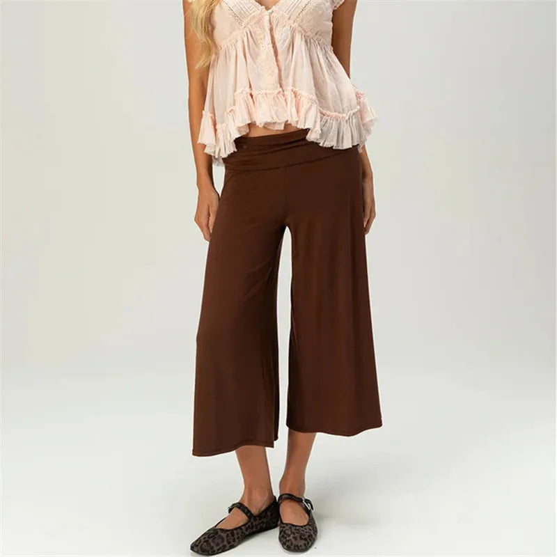 Fold Over Gaucho Pants for Women Flowy Wide Leg Yoga Capris Summer Casual Elastic Low Rise Cropped Palazzo Culottes