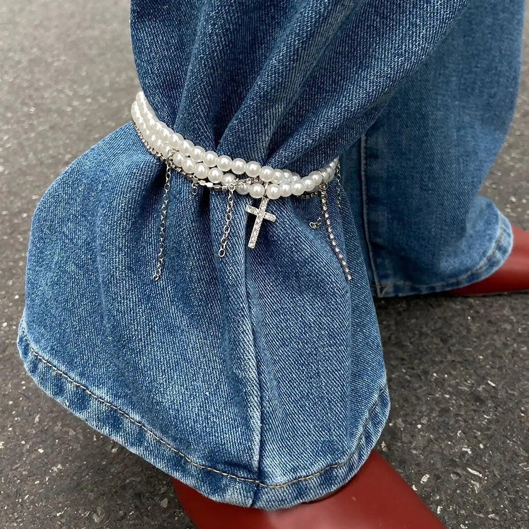 Unique Cross Rhinestone Tassels Pendant Anklet Women Elegant Multilayer Imitation Pearl Foot Chain Summer Charm Jewelry