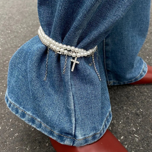 Unique Cross Rhinestone Tassels Pendant Anklet Women Elegant Multilayer Imitation Pearl Foot Chain Summer Charm Jewelry
