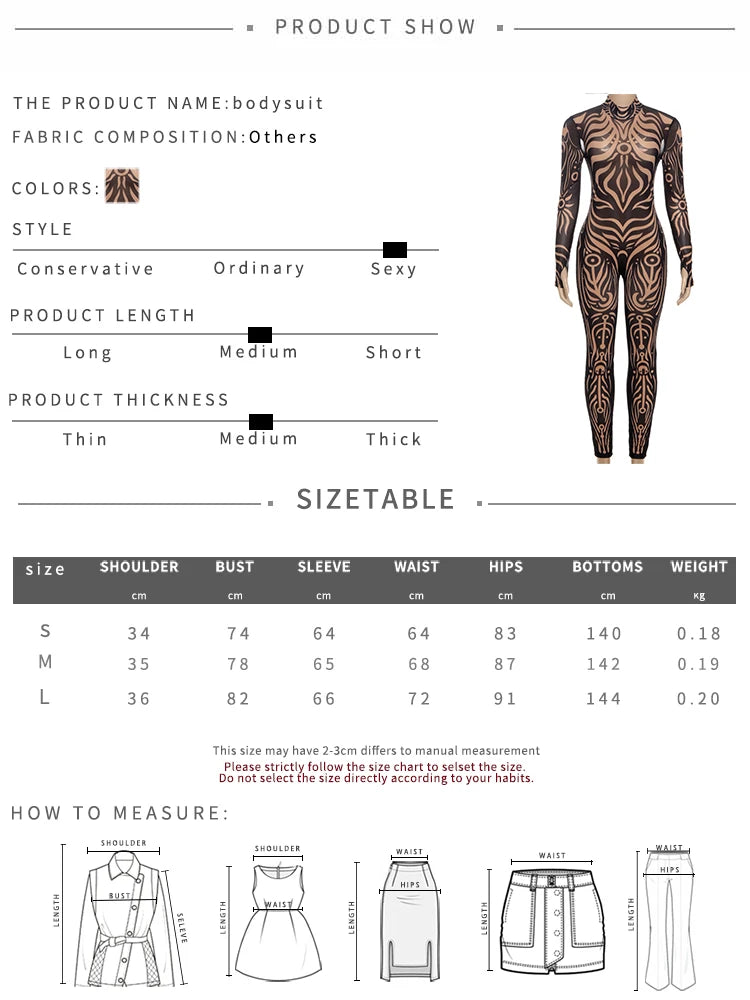 Classic Jumpsuit Women See Through  High Neck Vintage Print Skinny Sexy Midnight Fashion Wild Street Outfits