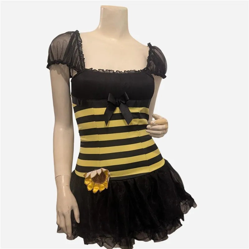 Women Bumble Bee Halloween Costume Dress Striped Mesh Puff Sleeve Bow Sunflower Decoration Tulle Tutu Mini Party Dress