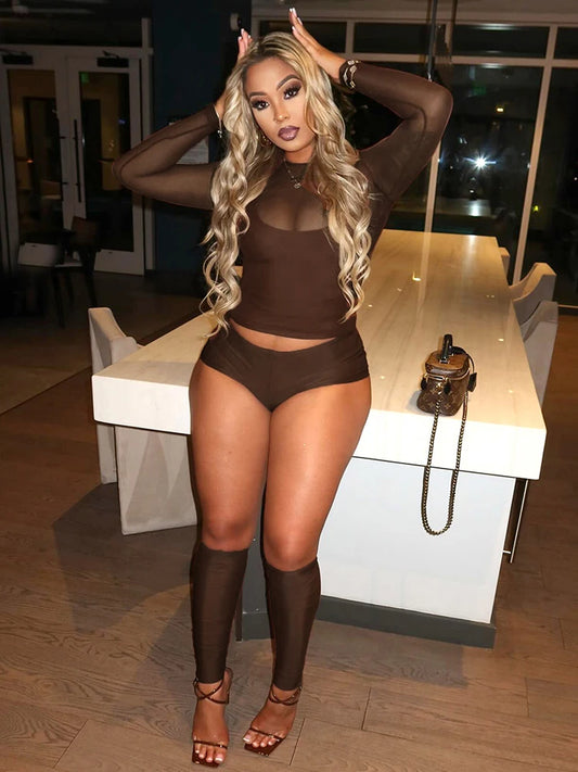 Sexy Casual 3 Piece Set Mesh Full Sleeve o-Neck Crop Tops+Shorts+Foot Cover Matching Autumn Trend Streetwear Outfits