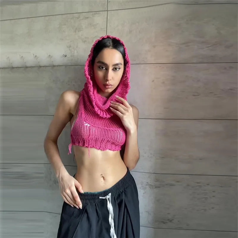 Hooded Sleeveless Knitted Sweater Vest Streetwear Fashion Sexy Y2k Crop Top Autumn Clothes Women 2023