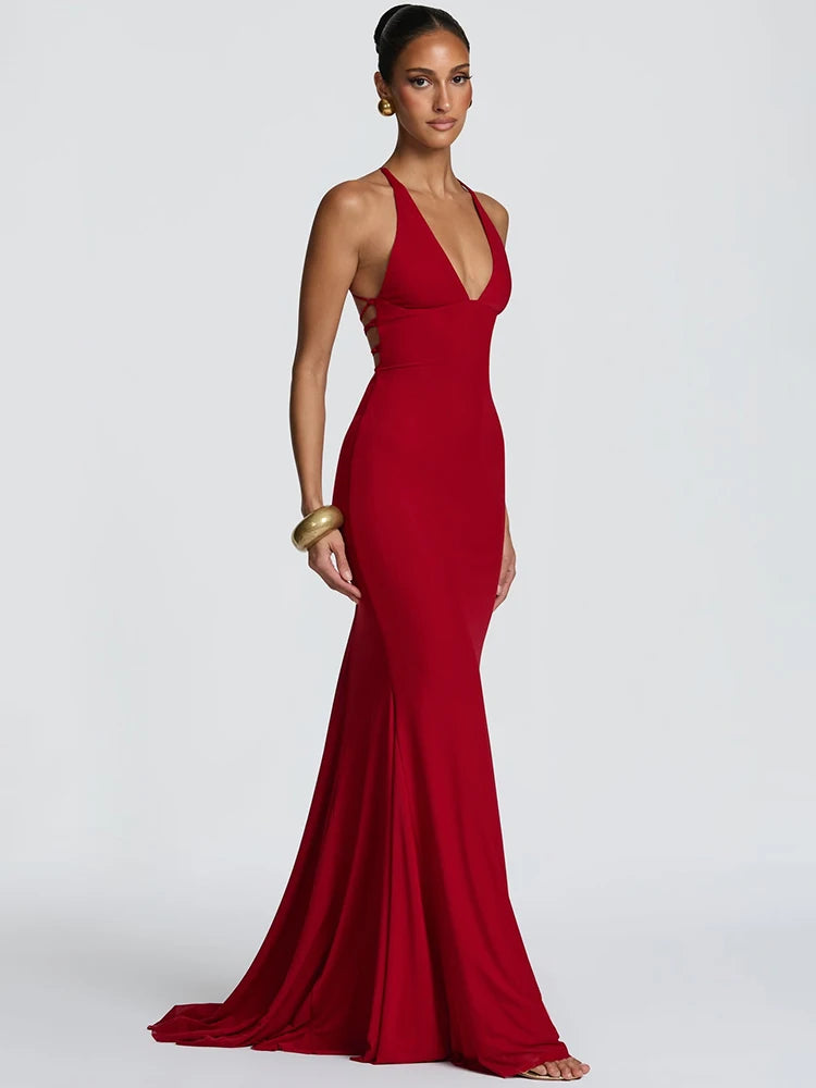 Women Deep V Halter Mermaid Maxi Dress Crisscross Lace Up Backless Long Gown Ruched Bodycon Evening Party Formal Dress