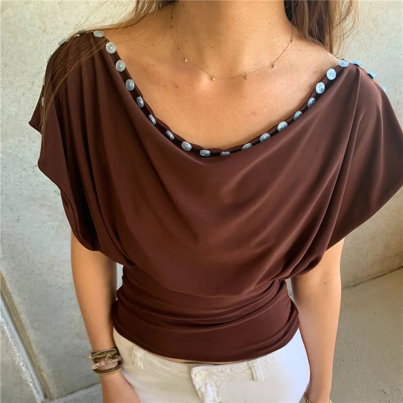 Y2K Vintage Off Shoulder Draped Blouse With Button Trim Slim Fit Ruched Waist For Women Casual Streetwear Party Top