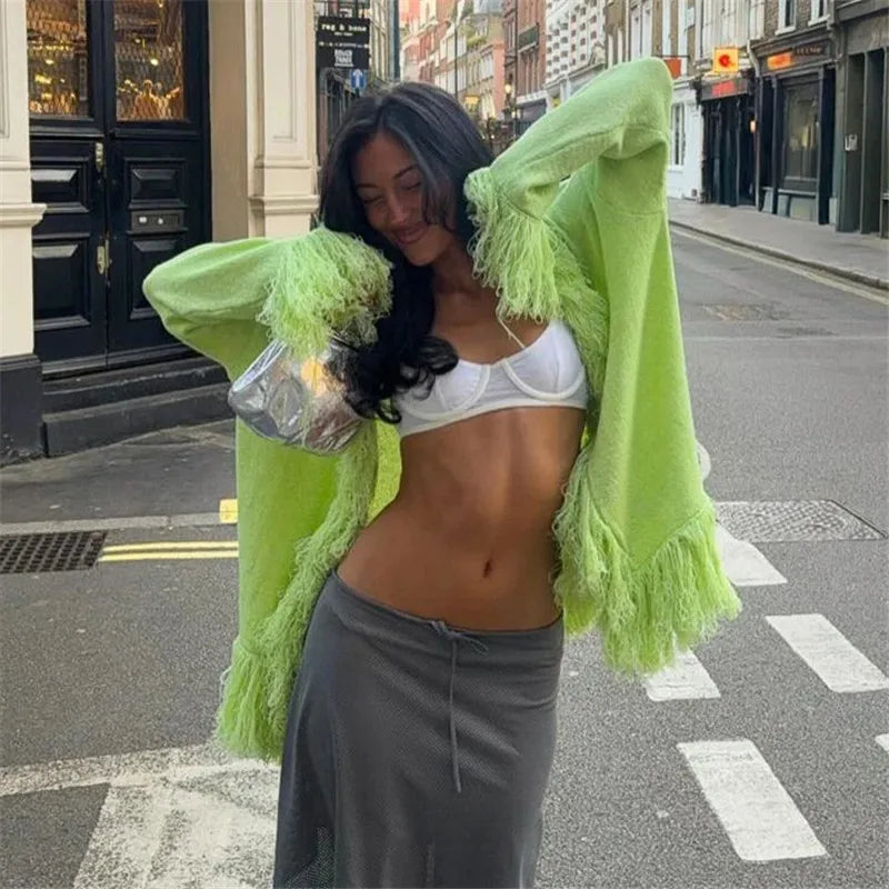 Women Fringe Tassel Knit Cardigan Open Front Long Sleeve Oversized Loose Knitted Coat Beach Cover Up Casual Outer Top